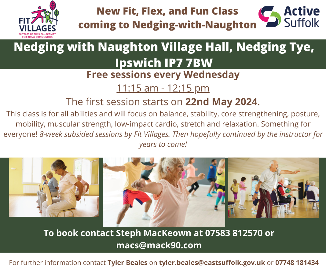 Active Suffolk Poster. Free sessions every Wednesday 11:15am - 12:15pm. First session starts 22nd May 2024. Naughton Village Hall IP7 7BW. 